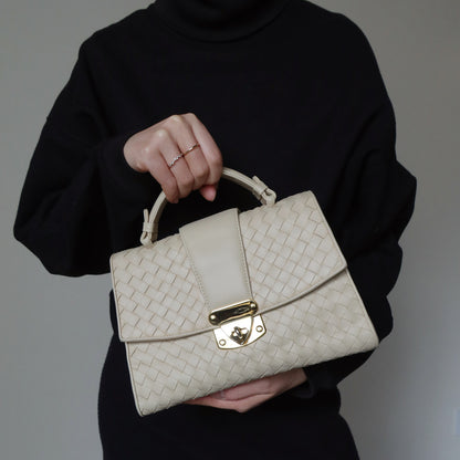 Rare Bottega Veneta Vintage Ivory Intrecciato Weave Leather Classic Bag