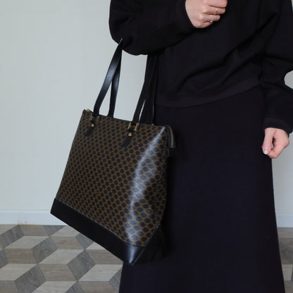Celine Vintage Black Brown Macadam Triomphe Large Shoulder Bag