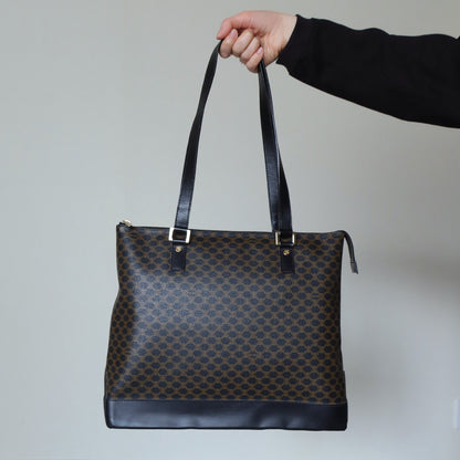Celine Vintage Black Brown Macadam Triomphe Large Shoulder Bag