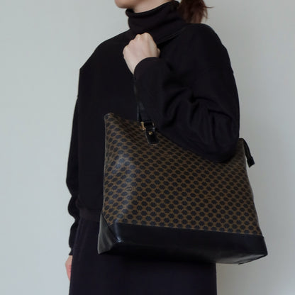 Celine Vintage Black Brown Macadam Triomphe Large Shoulder Bag