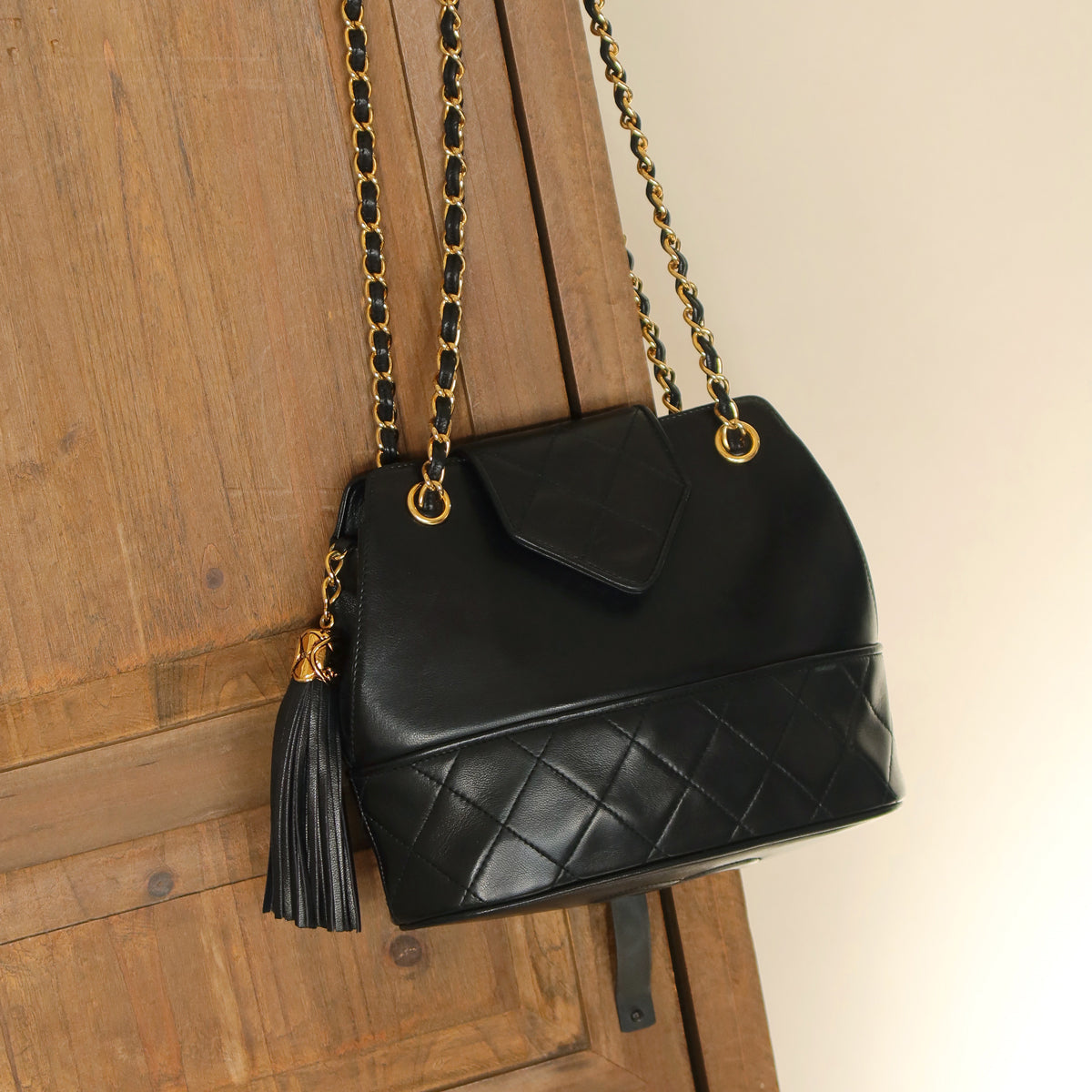 Vintage Chanel Black Lambskin Diamond stitched CC Tassel Classic Flap Bag