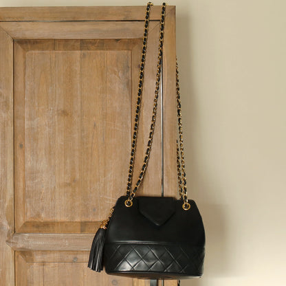Vintage Chanel Black Lambskin Diamond stitched CC Tassel Classic Flap Bag