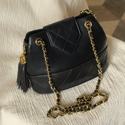 Vintage Chanel Black Lambskin Diamond stitched CC Tassel Classic Flap Bag