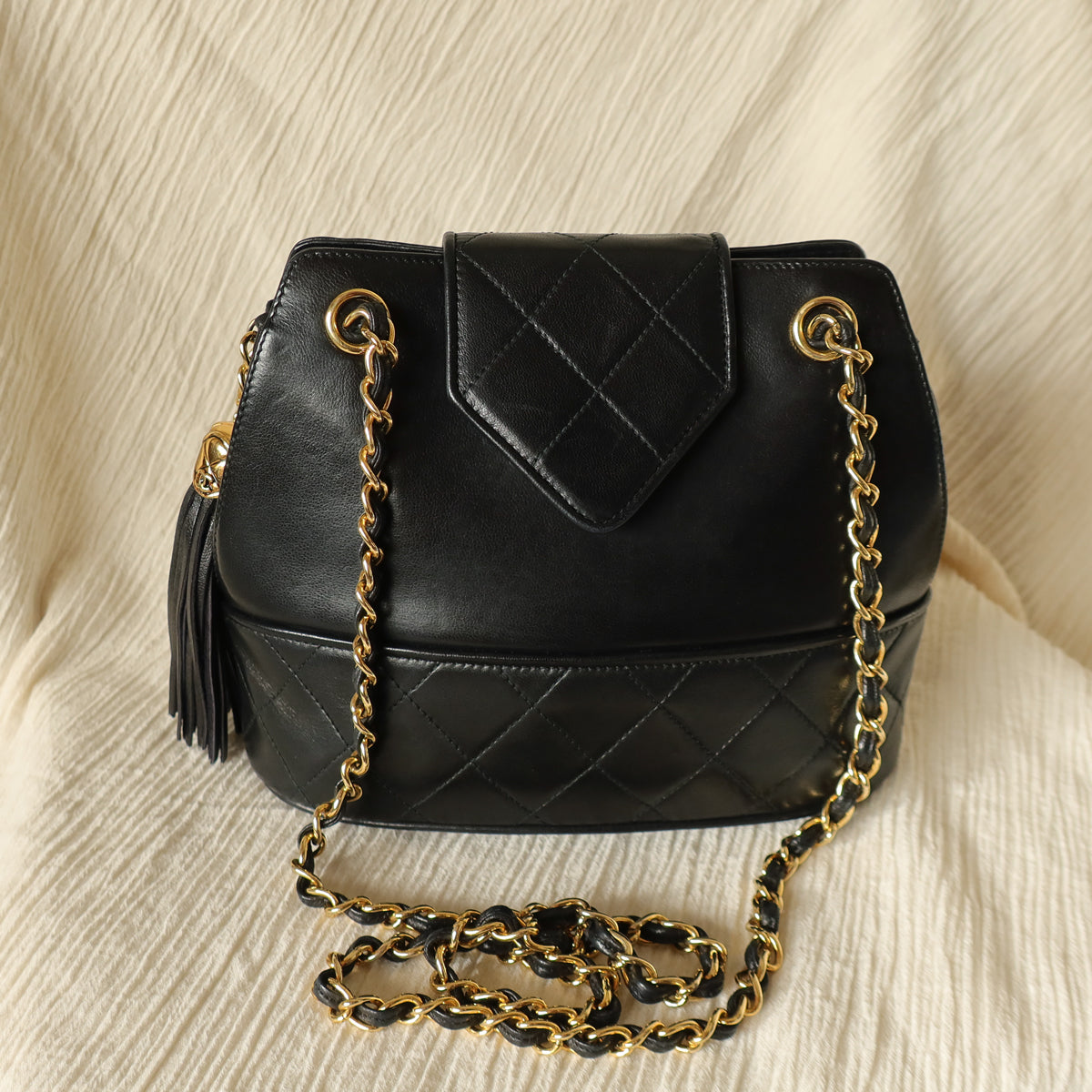Vintage Chanel Black Lambskin Diamond stitched CC Tassel Classic Flap Bag