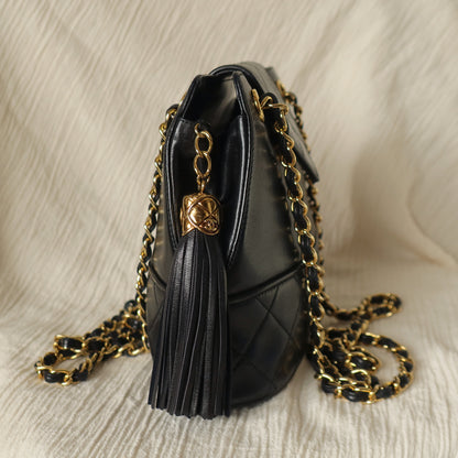 Vintage Chanel Black Lambskin Diamond stitched CC Tassel Classic Flap Bag