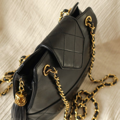 Vintage Chanel Black Lambskin Diamond stitched CC Tassel Classic Flap Bag