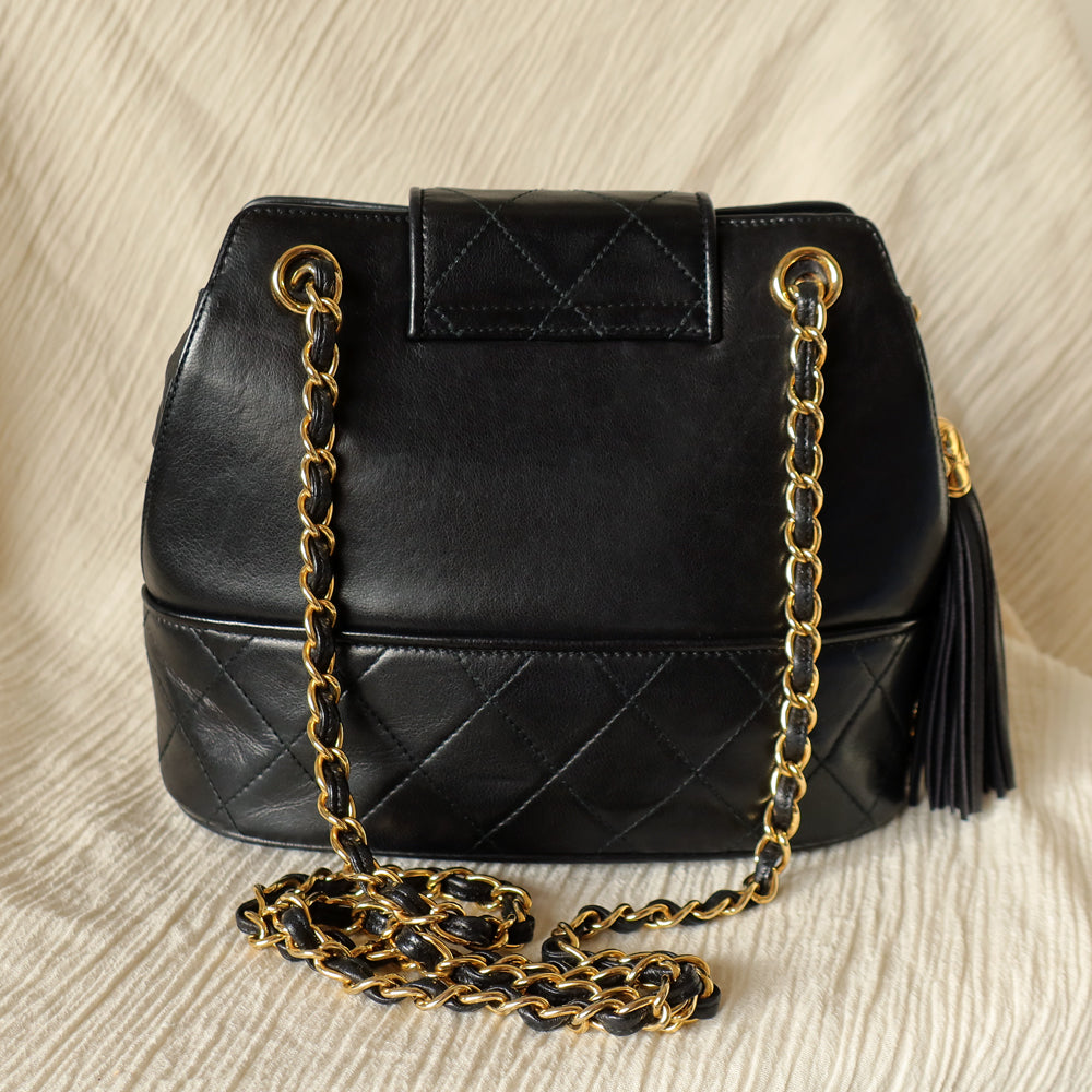 Vintage Chanel Black Lambskin Diamond stitched CC Tassel Classic Flap Bag