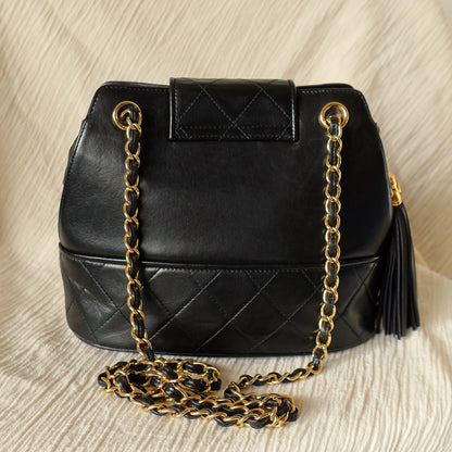 Vintage Chanel Black Lambskin Diamond stitched CC Tassel Classic Flap Bag