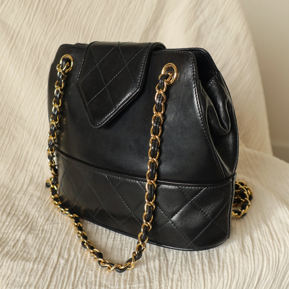 Vintage Chanel Black Lambskin Diamond stitched CC Tassel Classic Flap Bag