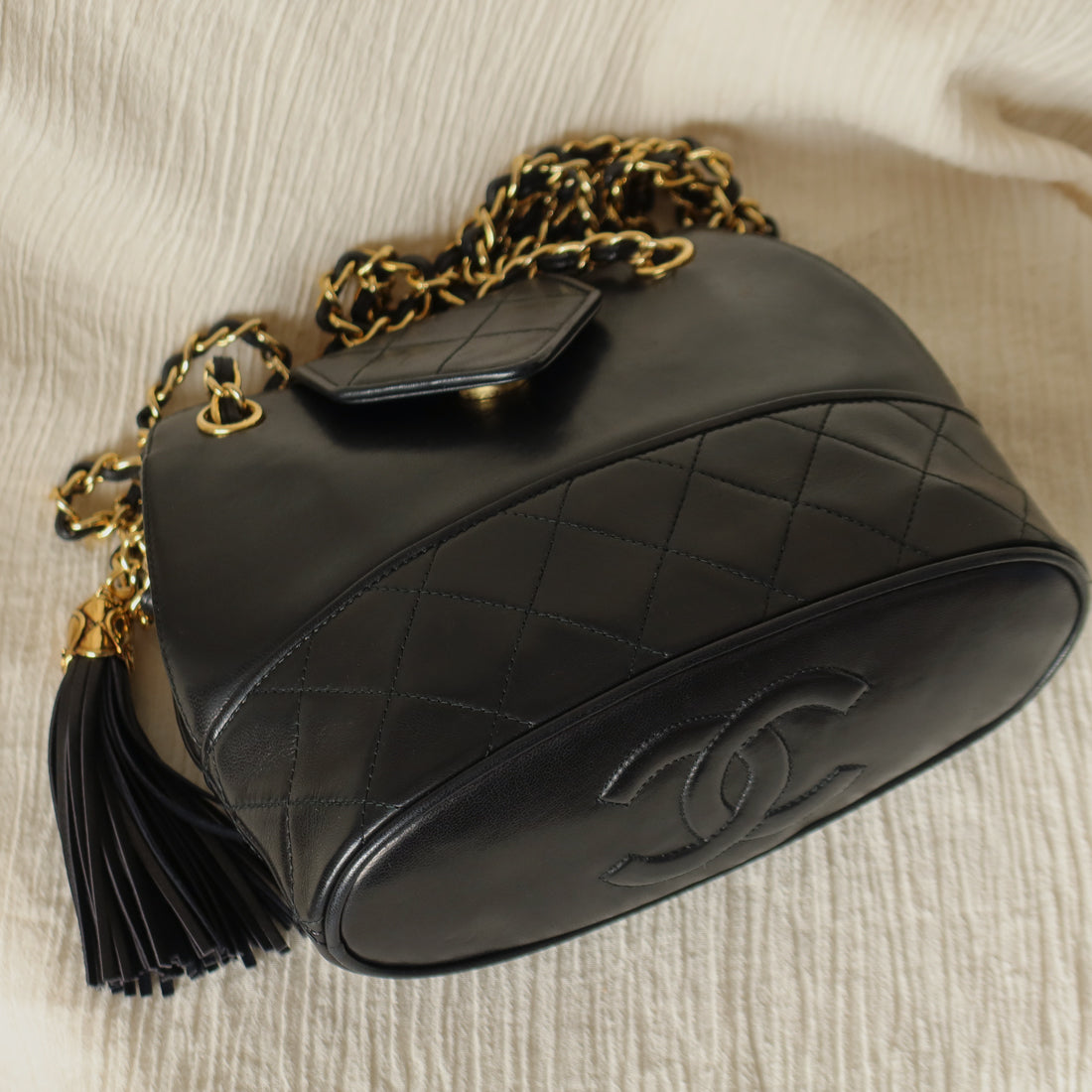 Vintage Chanel Black Lambskin Diamond stitched CC Tassel Classic Flap Bag