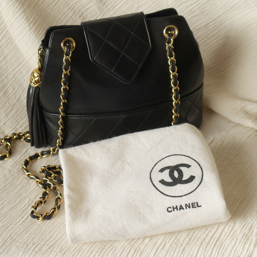 Vintage Chanel Black Lambskin Diamond stitched CC Tassel Classic Flap Bag