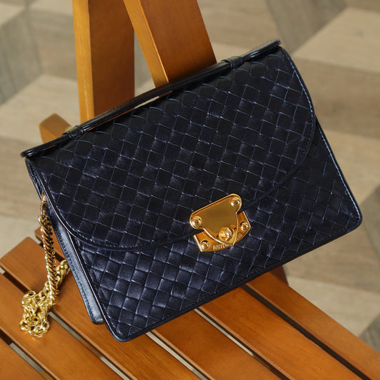 Rare Bottega Veneta Vintage Dark Navy Intrecciato Turn lock 2way Flap Bag