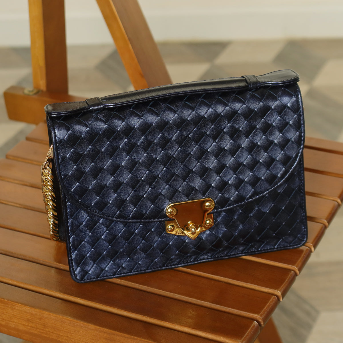 Rare Bottega Veneta Vintage Dark Navy Intrecciato Turn lock 2way Flap Bag