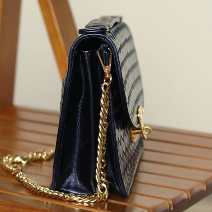 Rare Bottega Veneta Vintage Dark Navy Intrecciato Turn lock 2way Flap Bag