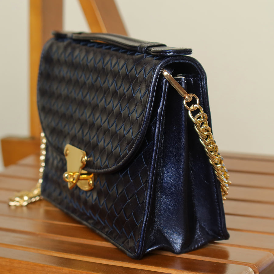 Rare Bottega Veneta Vintage Dark Navy Intrecciato Turn lock 2way Flap Bag