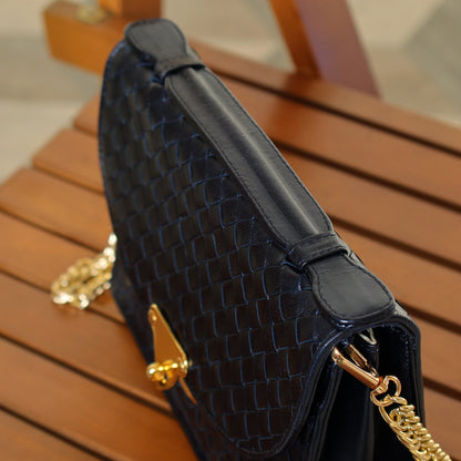 Rare Bottega Veneta Vintage Dark Navy Intrecciato Turn lock 2way Flap Bag