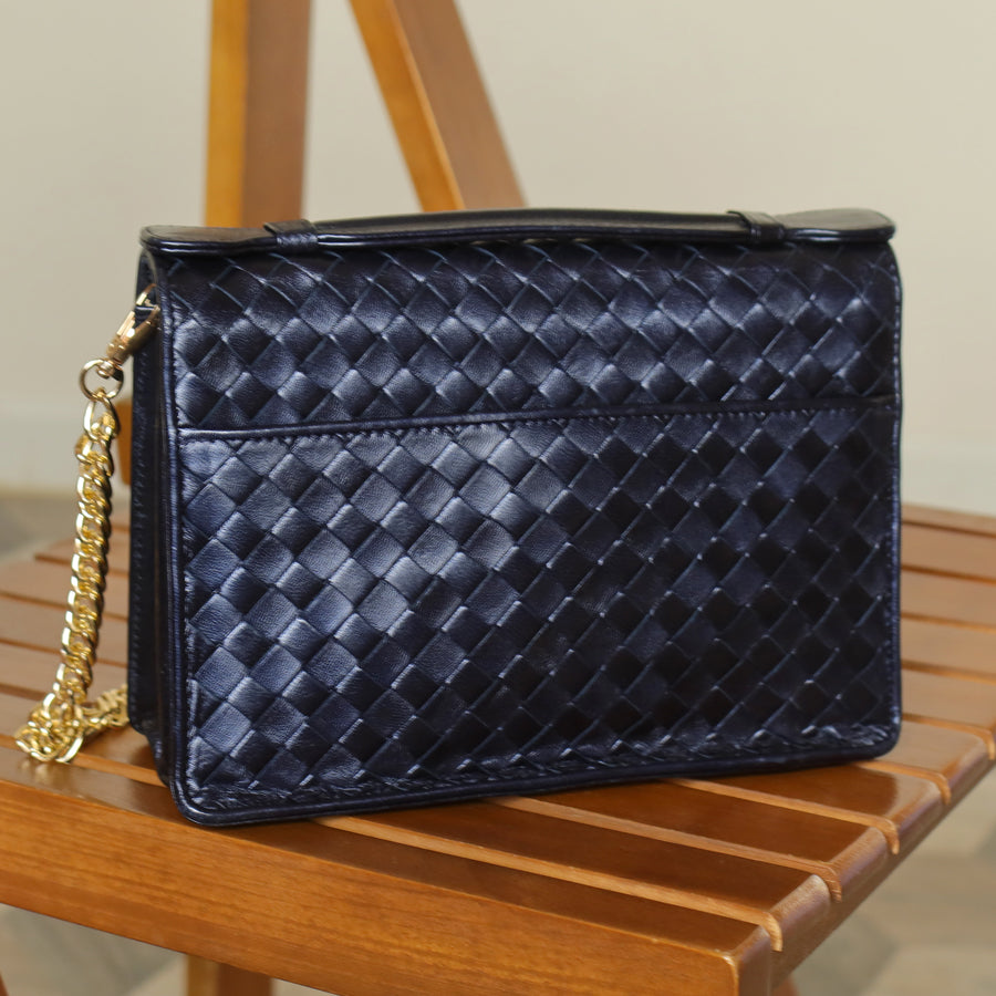 Rare Bottega Veneta Vintage Dark Navy Intrecciato Turn lock 2way Flap Bag