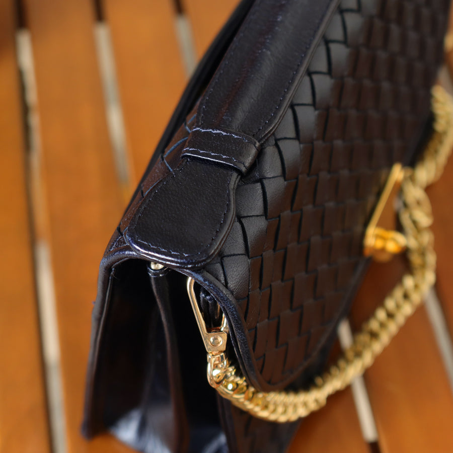 Rare Bottega Veneta Vintage Dark Navy Intrecciato Turn lock 2way Flap Bag