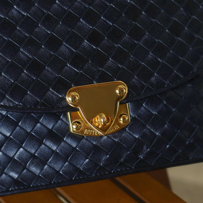 Rare Bottega Veneta Vintage Dark Navy Intrecciato Turn lock 2way Flap Bag