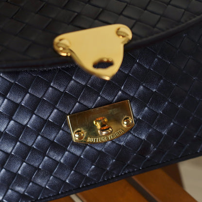 Rare Bottega Veneta Vintage Dark Navy Intrecciato Turn lock 2way Flap Bag