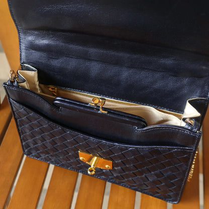Rare Bottega Veneta Vintage Dark Navy Intrecciato Turn lock 2way Flap Bag