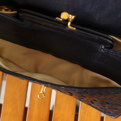 Rare Bottega Veneta Vintage Dark Navy Intrecciato Turn lock 2way Flap Bag