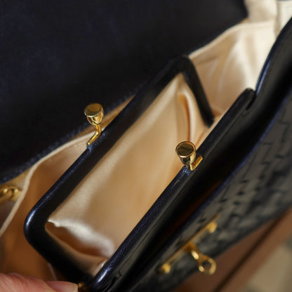 Rare Bottega Veneta Vintage Dark Navy Intrecciato Turn lock 2way Flap Bag