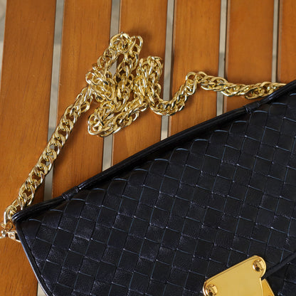 Rare Bottega Veneta Vintage Dark Navy Intrecciato Turn lock 2way Flap Bag