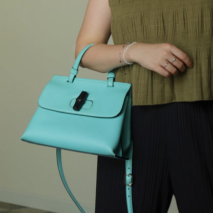 Rare Gucci Vintage Bamboo Turn lock Blue Leather Small 2way Daily Crossbody Bag 2