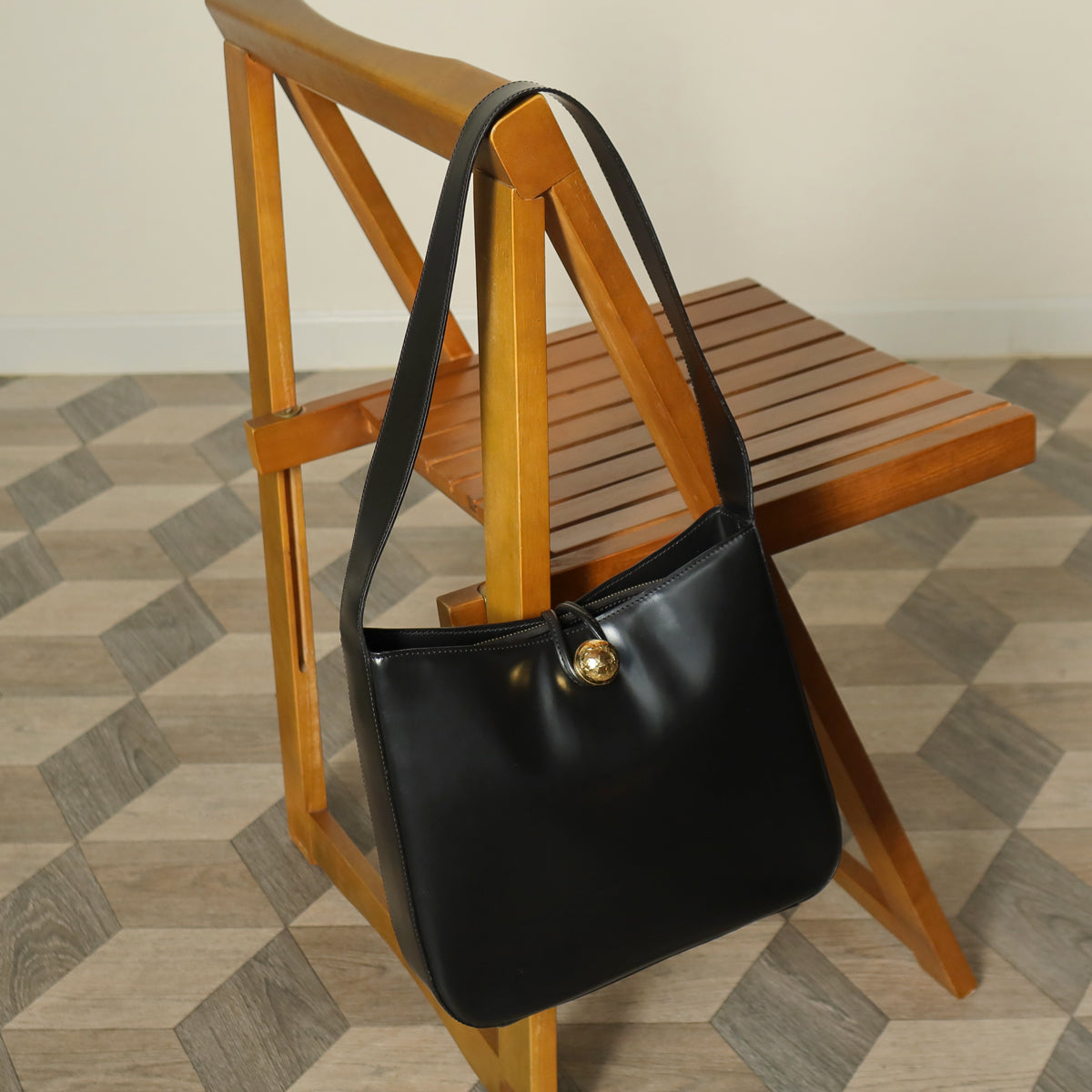 Celine Vintage Classic Black Leather Gold Ball Charm Shoulder Bag