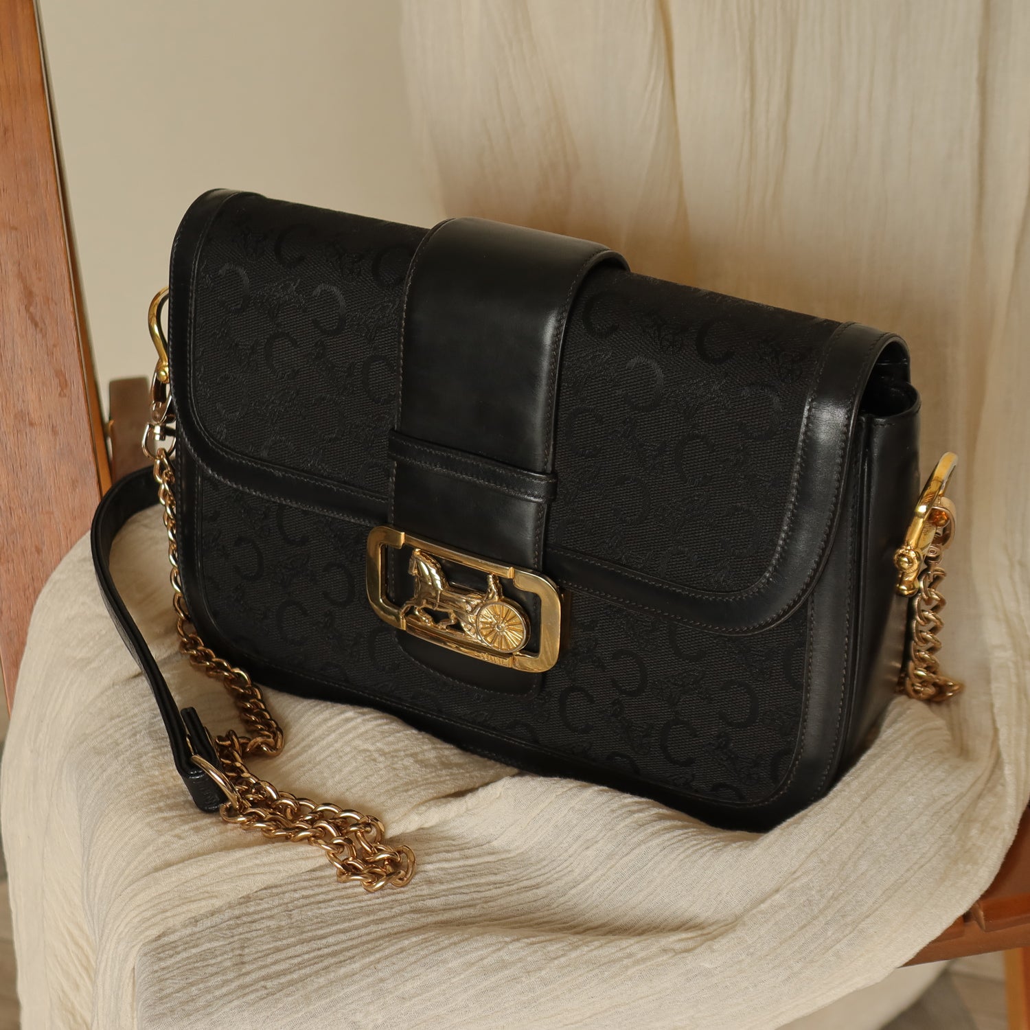 Celine Vintage Black Leather C Macadam Horse Carriage Shoulder Bag