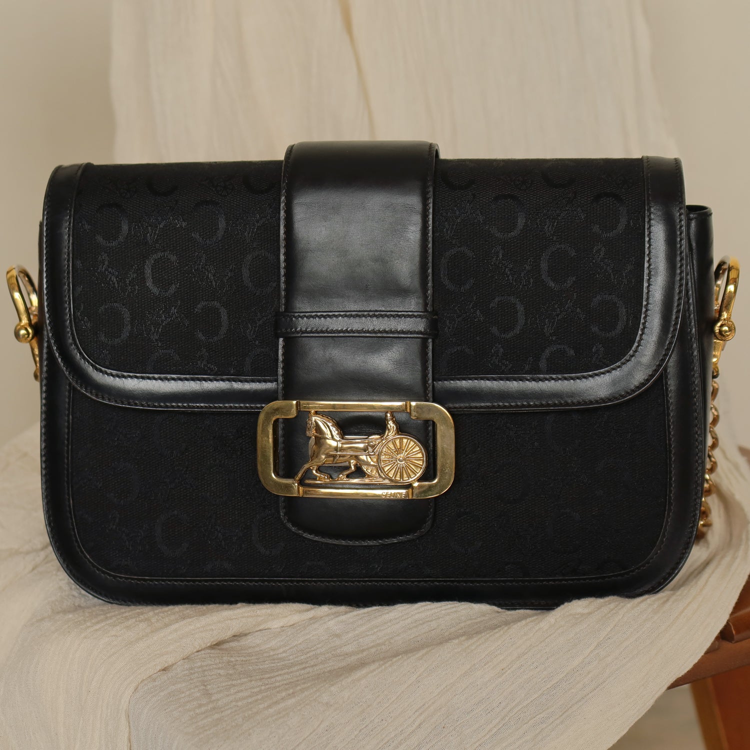 Celine Vintage Black Leather C Macadam Horse Carriage Shoulder Bag