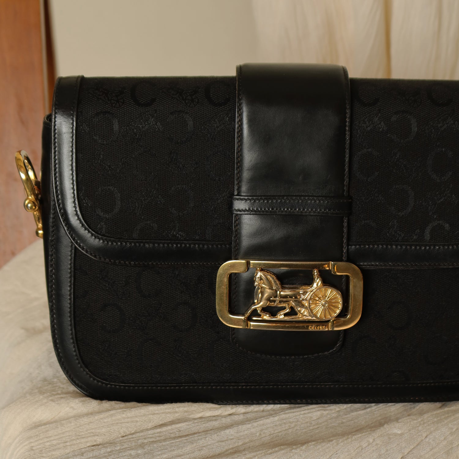 Celine Vintage Black Leather C Macadam Horse Carriage Shoulder Bag