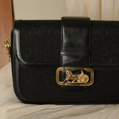 Celine Vintage Black Leather C Macadam Horse Carriage Shoulder Bag