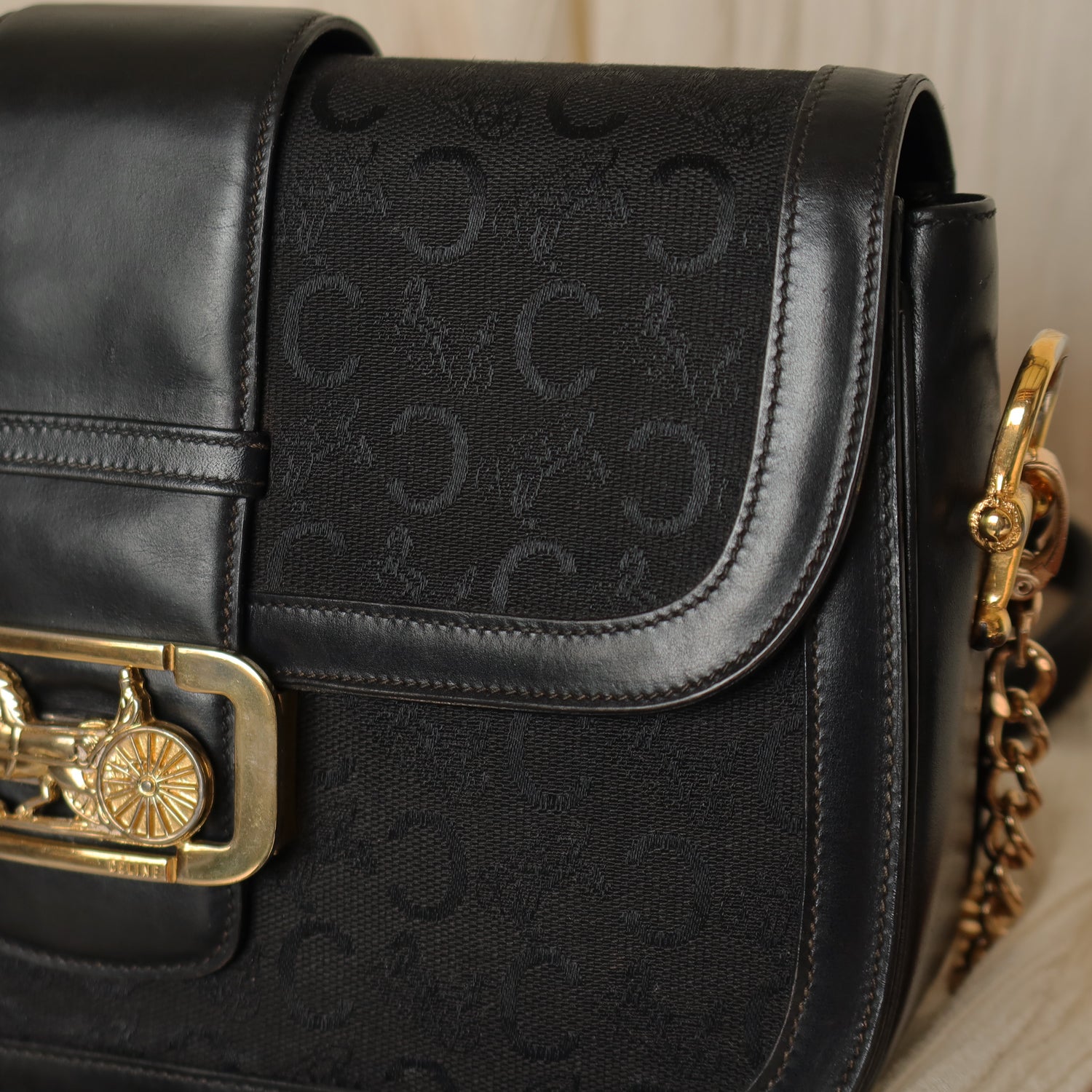 Celine Vintage Black Leather C Macadam Horse Carriage Shoulder Bag
