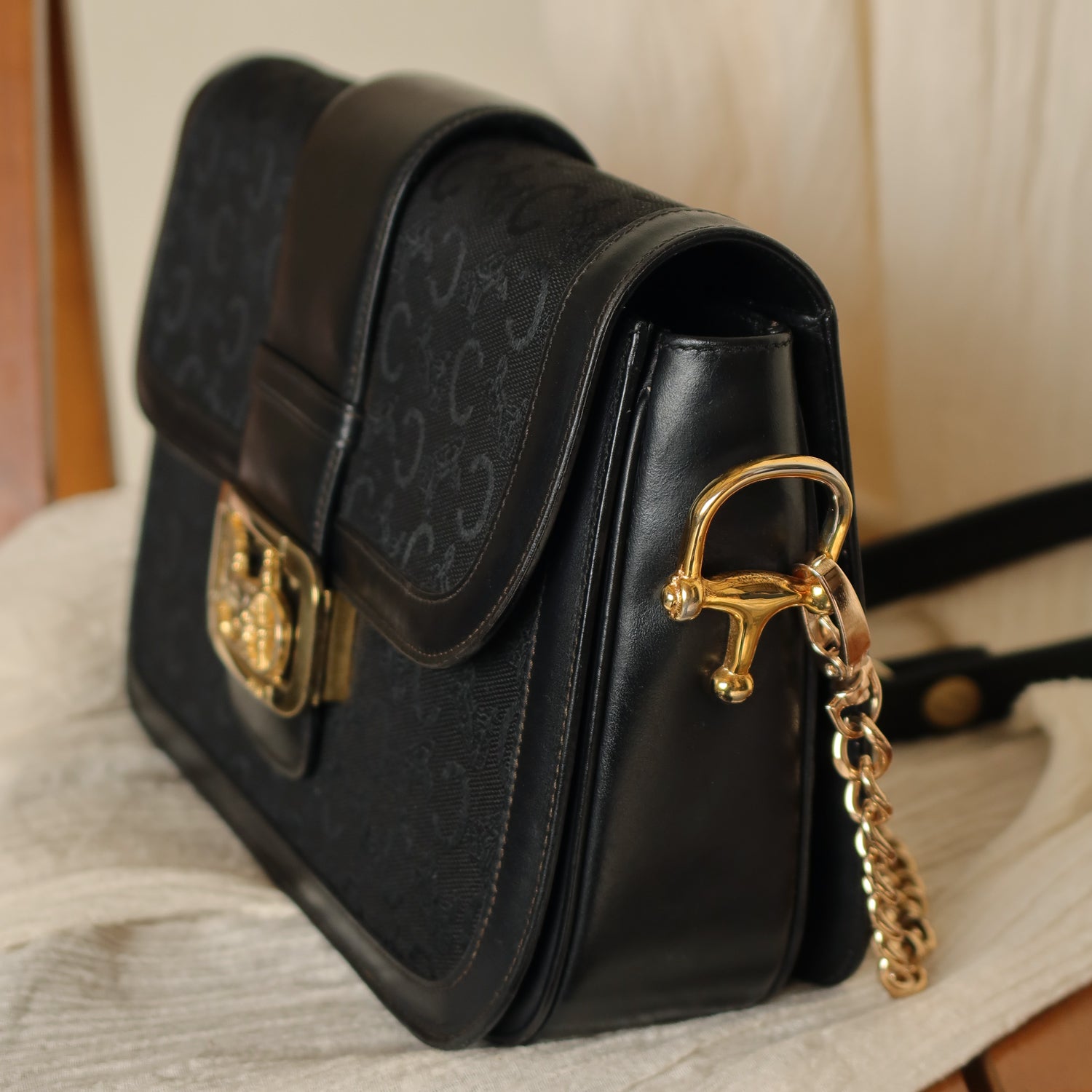 Celine Vintage Black Leather C Macadam Horse Carriage Shoulder Bag