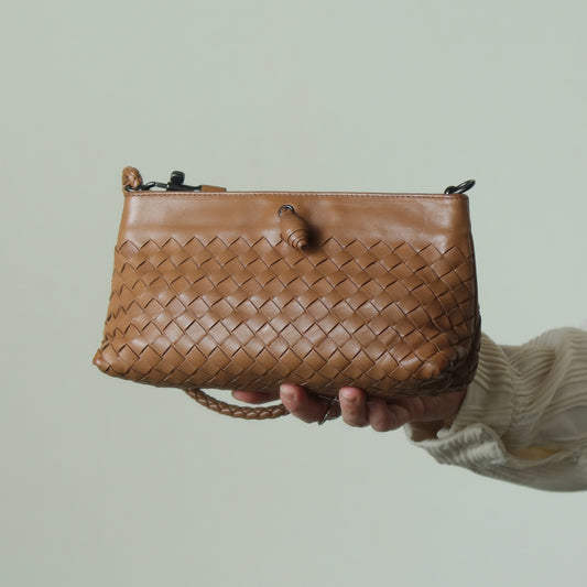 Bottega Veneta Vintage Caramel Brown Intrecciato Mini Pochette Clutch Shoulder Bag