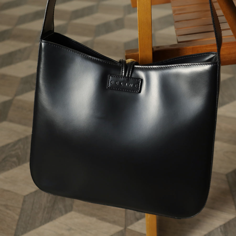 Celine Vintage Classic Black Leather Gold Ball Charm Shoulder Bag