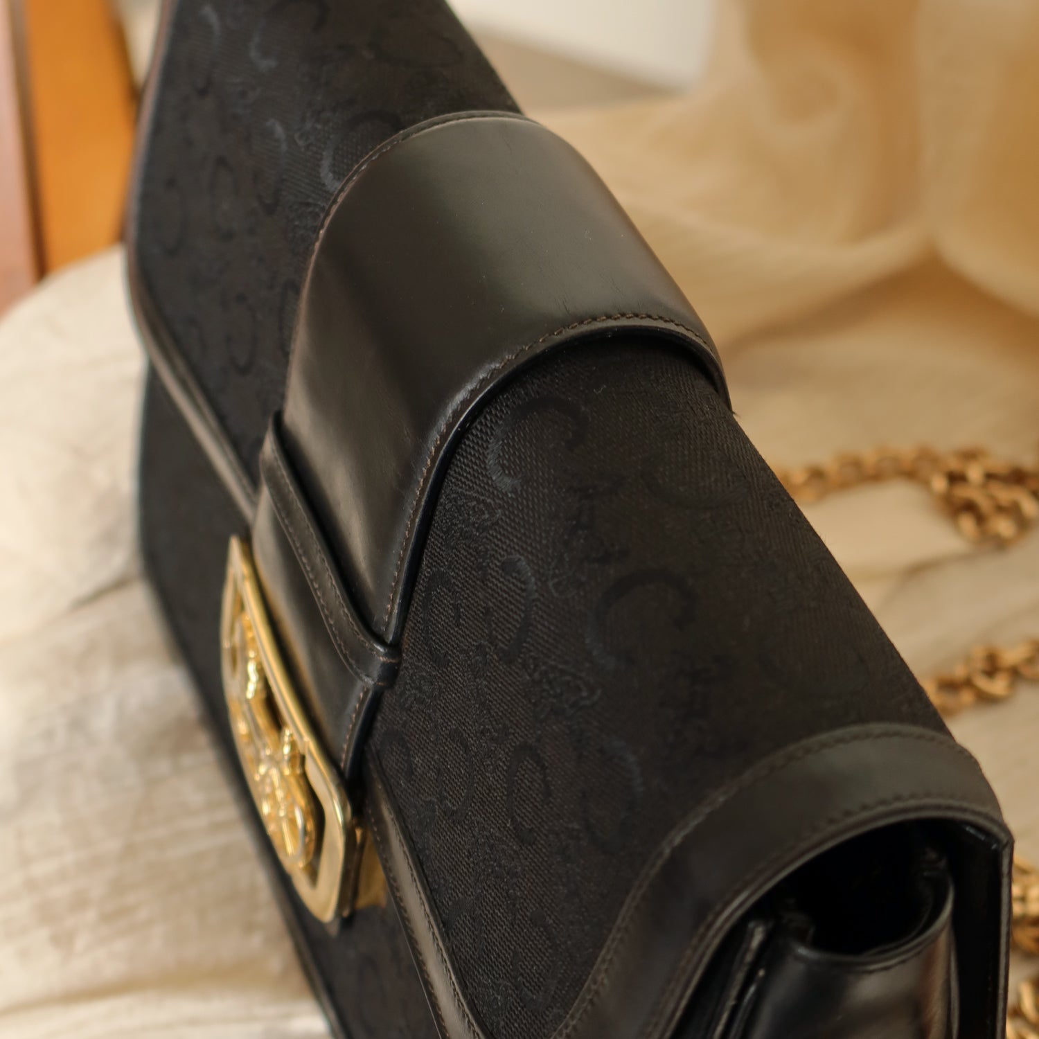 Celine Vintage Black Leather C Macadam Horse Carriage Shoulder Bag