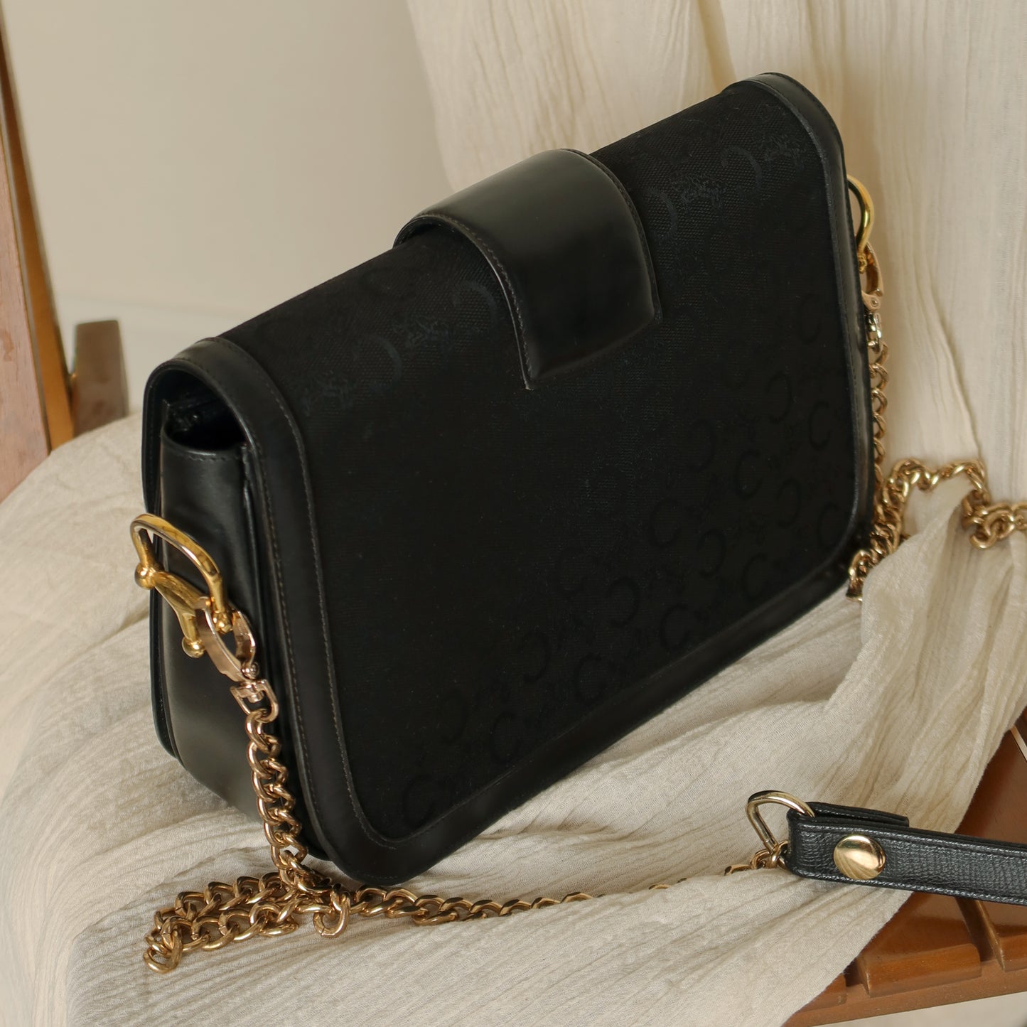Celine Vintage Black Leather C Macadam Horse Carriage Shoulder Bag
