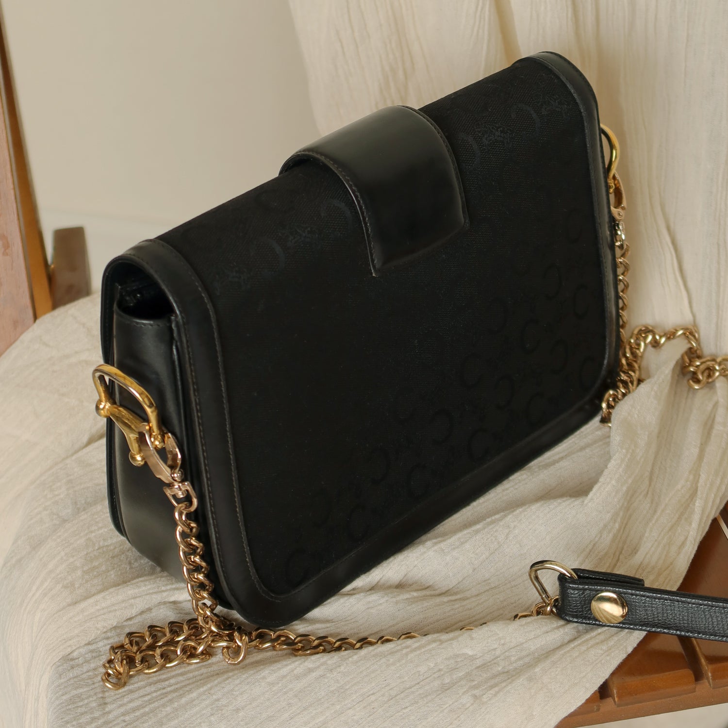 Celine Vintage Black Leather C Macadam Horse Carriage Shoulder Bag