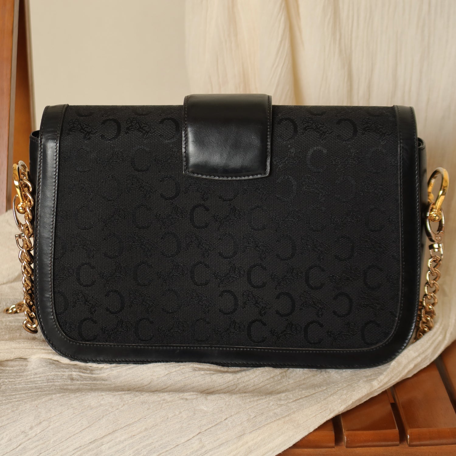 Celine Vintage Black Leather C Macadam Horse Carriage Shoulder Bag