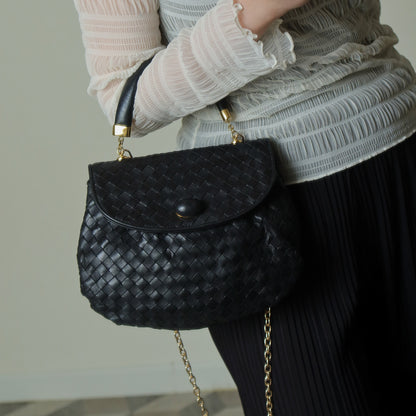 Bottega Veneta Vintage Black Intrecciato Weave Turn Lock Hand Bag M