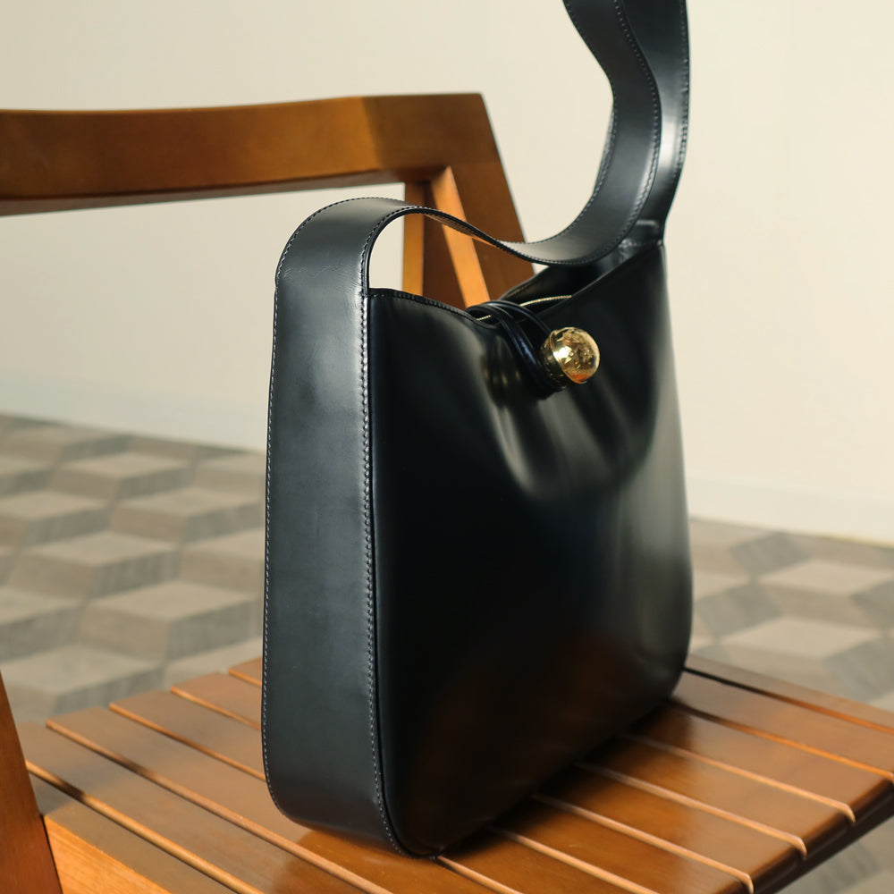 Celine Vintage Classic Black Leather Gold Ball Charm Shoulder Bag