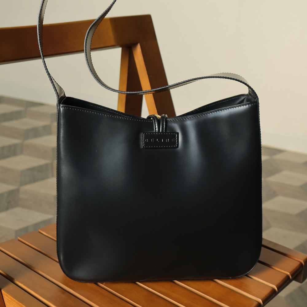 Celine Vintage Classic Black Leather Gold Ball Charm Shoulder Bag