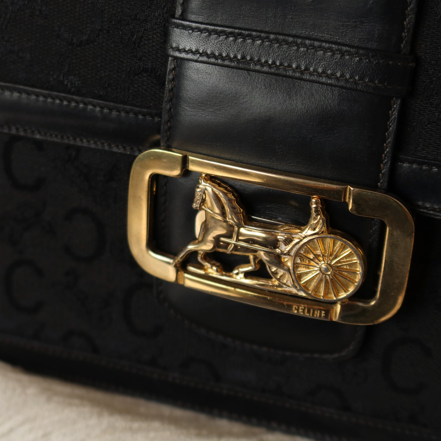 Celine Vintage Black Leather C Macadam Horse Carriage Shoulder Bag