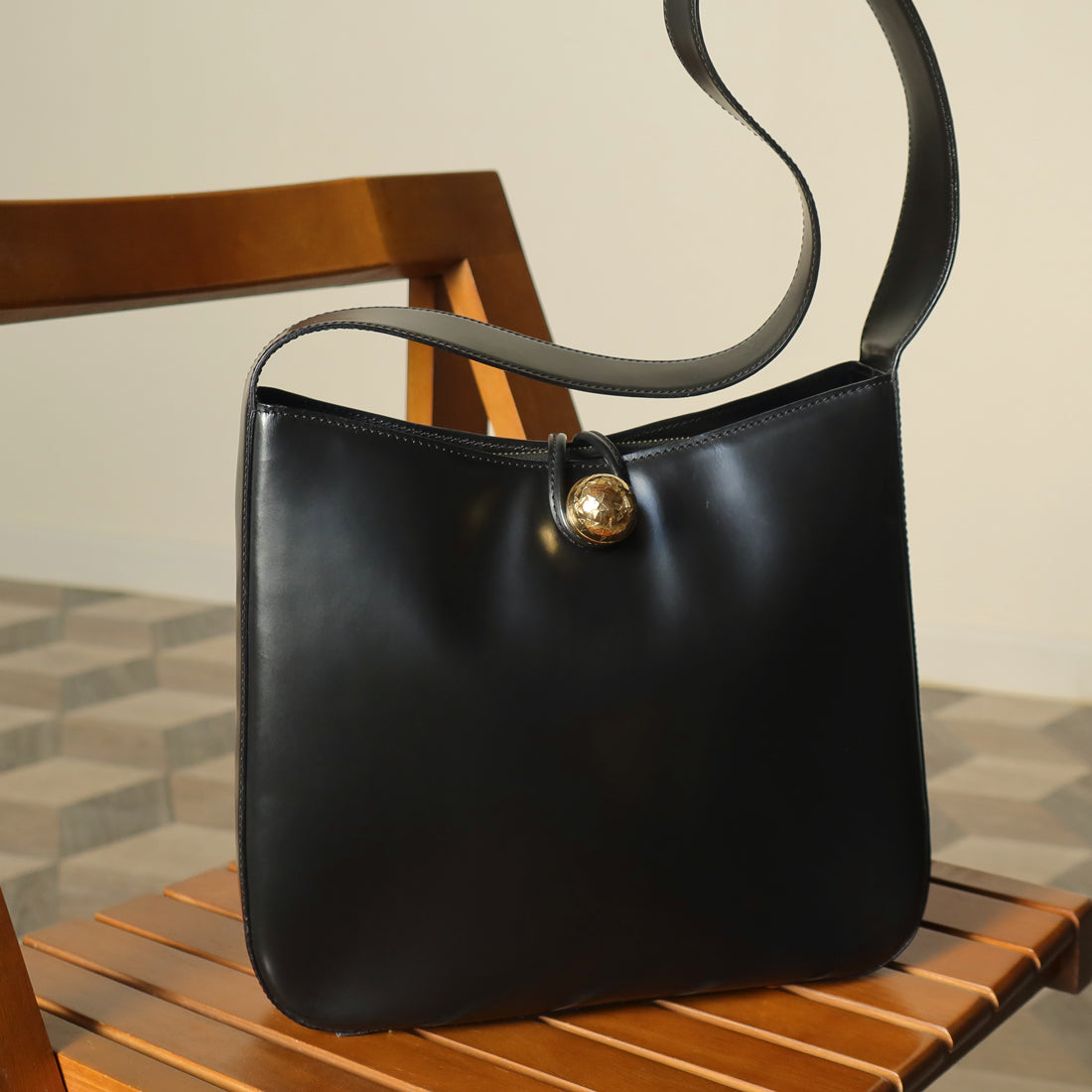 Celine Vintage Classic Black Leather Gold Ball Charm Shoulder Bag
