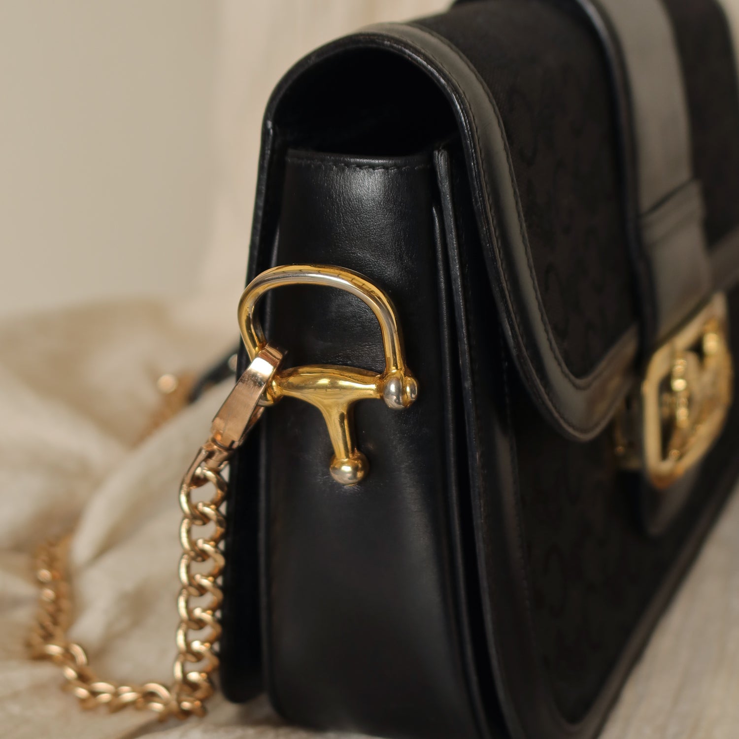 Celine Vintage Black Leather C Macadam Horse Carriage Shoulder Bag