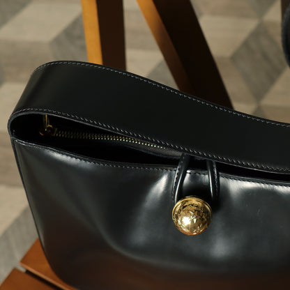 Celine Vintage Classic Black Leather Gold Ball Charm Shoulder Bag