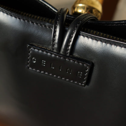 Celine Vintage Classic Black Leather Gold Ball Charm Shoulder Bag